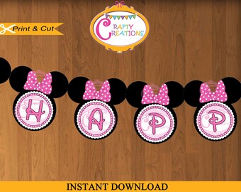 Minnie Mouse Banner - Printable Pink Minnie Mouse Party Banner - Minnie Mouse Birthday - Happy Birthday Banner - INSTANT DOWNLOAD -CraftyCre