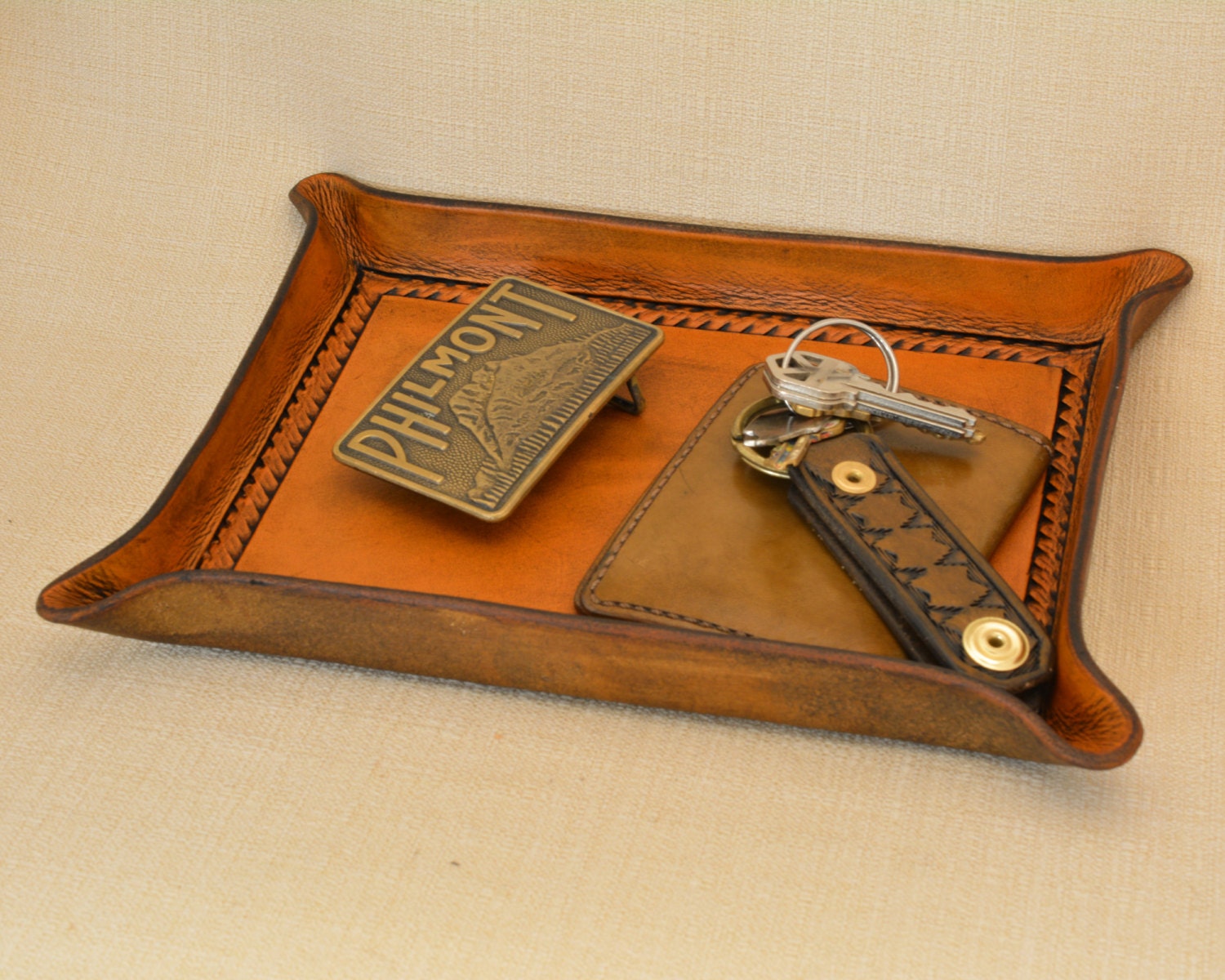 Valet Tray with Rope Border Tooling Full Grain Leather