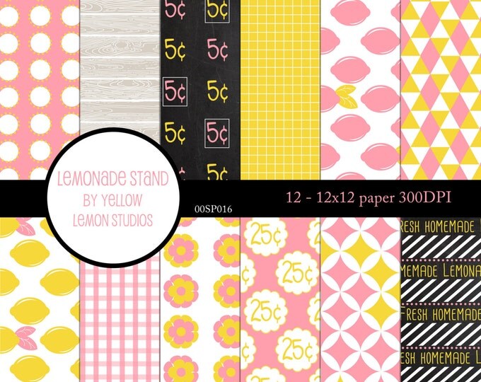Pink and Yellow "LEMONADE STAND" Chalk, lemon slices, summer, lemonade stand, chalkboard, triangles, wood, digital scrapbook