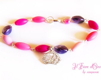 Bracelet "Princess Crown", with oval beads of velvety-effect and a crown-shaped charm studded with rhinestones, boho chic princess baby girl