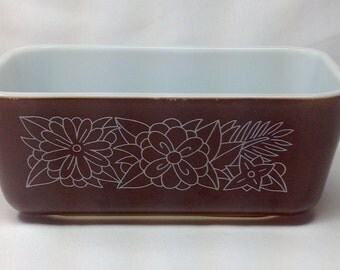 Vintage Pyrex Brown White Flower Woodland Rectangle Baking Casserole Loaf Dish Pan