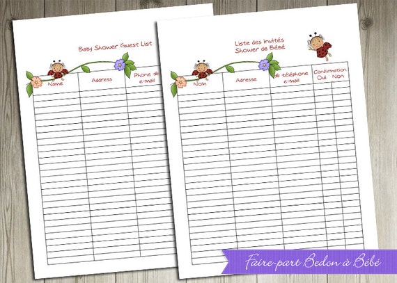 Digital printable Baby Shower Guest List by FairePartBedonaBebe