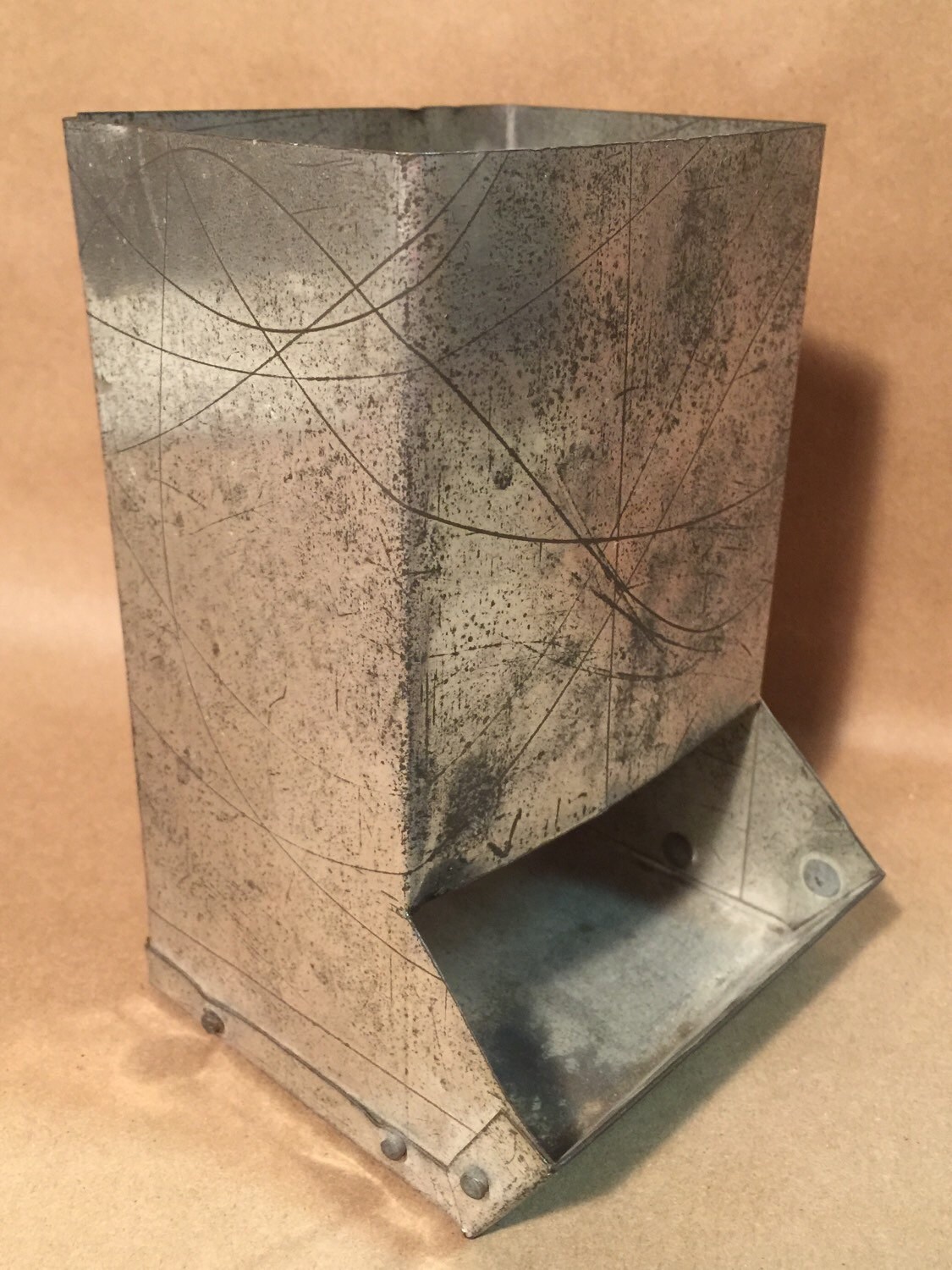 Raw tin metal match dispenser holder beautifully aged antique for