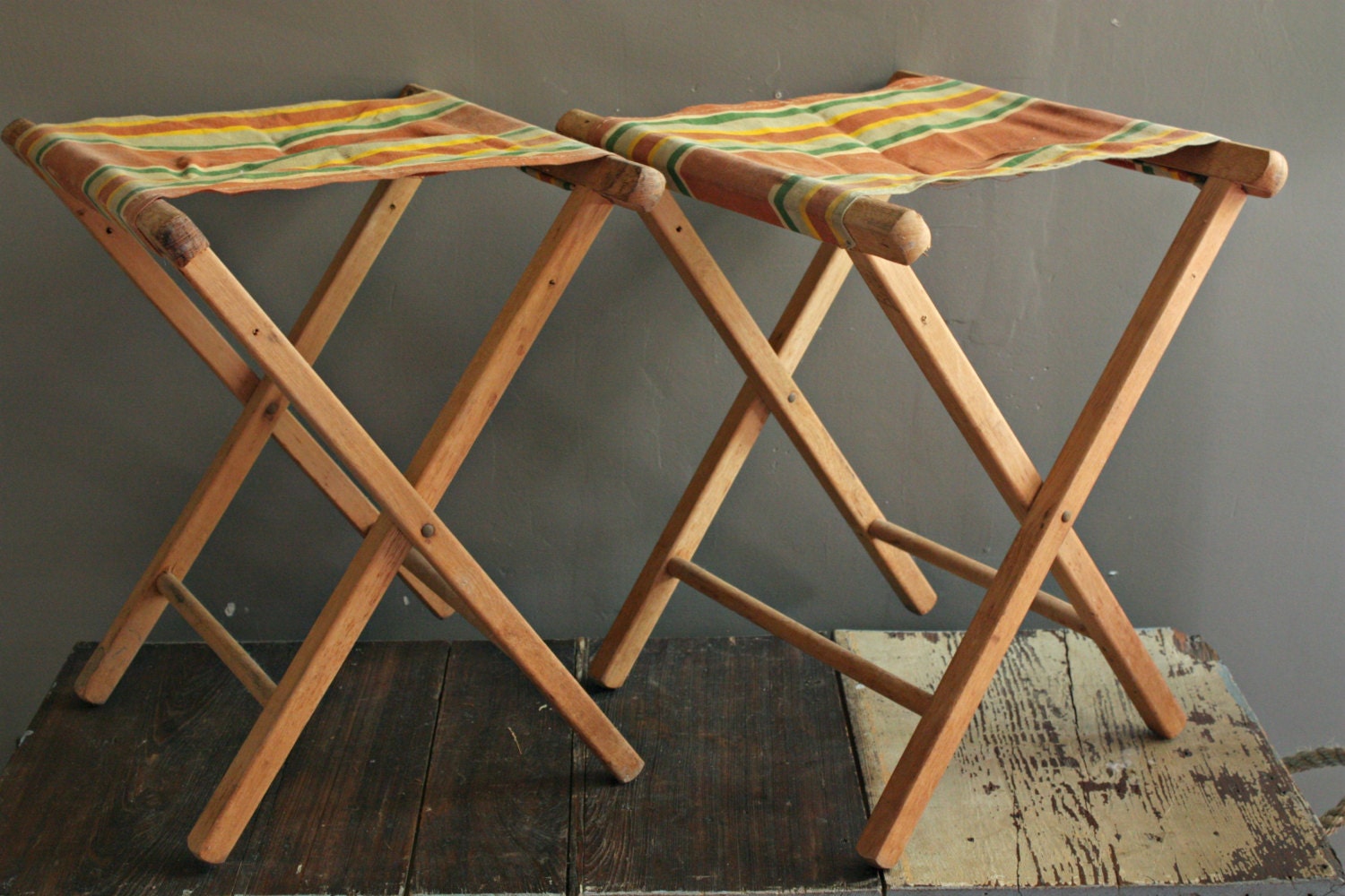 Vintage Camp Stool, Wood Camp Stool, Cream Canvas Camp Stool, Folding