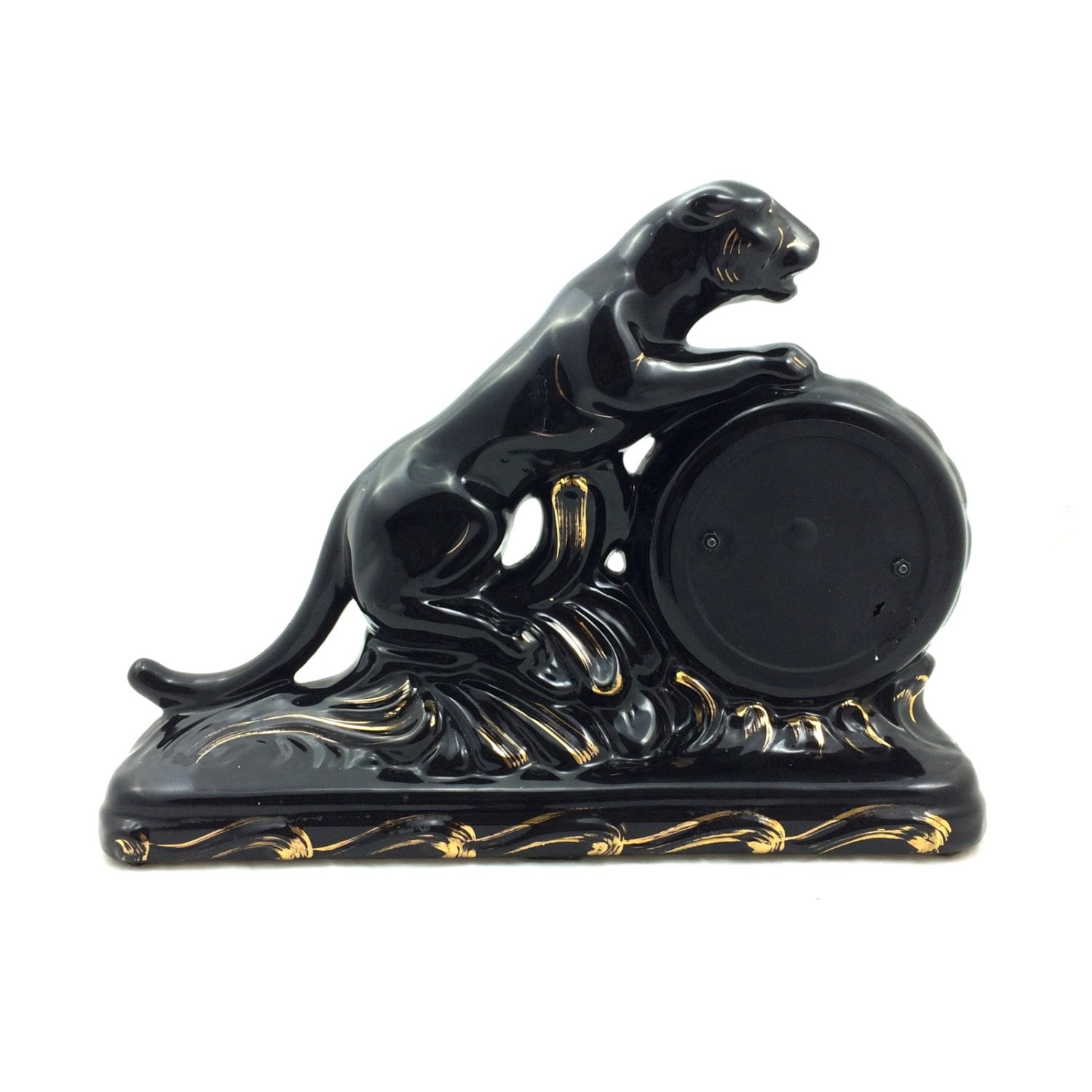 Vintage Black Panther Ceramic Clock by Sessions circa 1960s