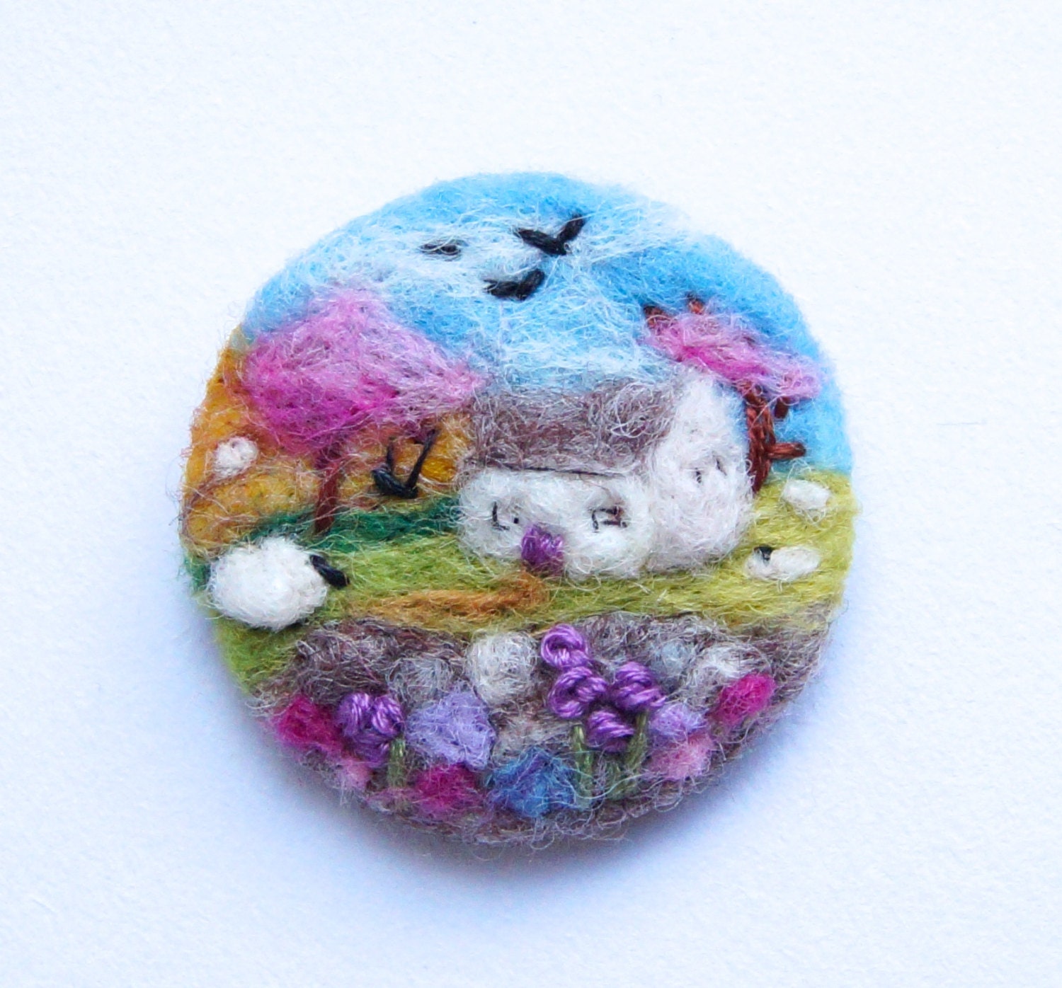 Cottage Felt brooch Sheep Brooch Needle felted brooch wool
