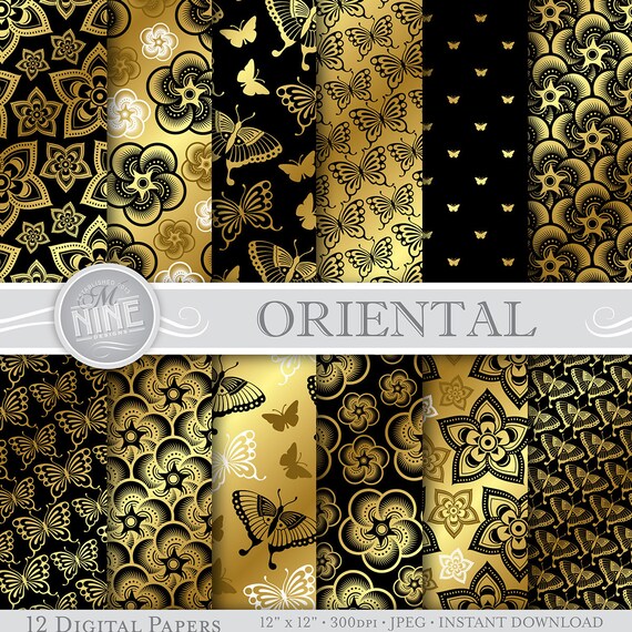 paper print greeting Digital BUTTERFLIES Gold Black Prints Pattern ORIENTAL & Paper