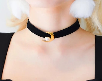 Sailor Moon Inspired Black Velvet Choker with Moon & Pearl
