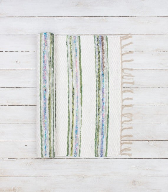 Swedish Moa green and white stripe cotton rag rug by Skandihome