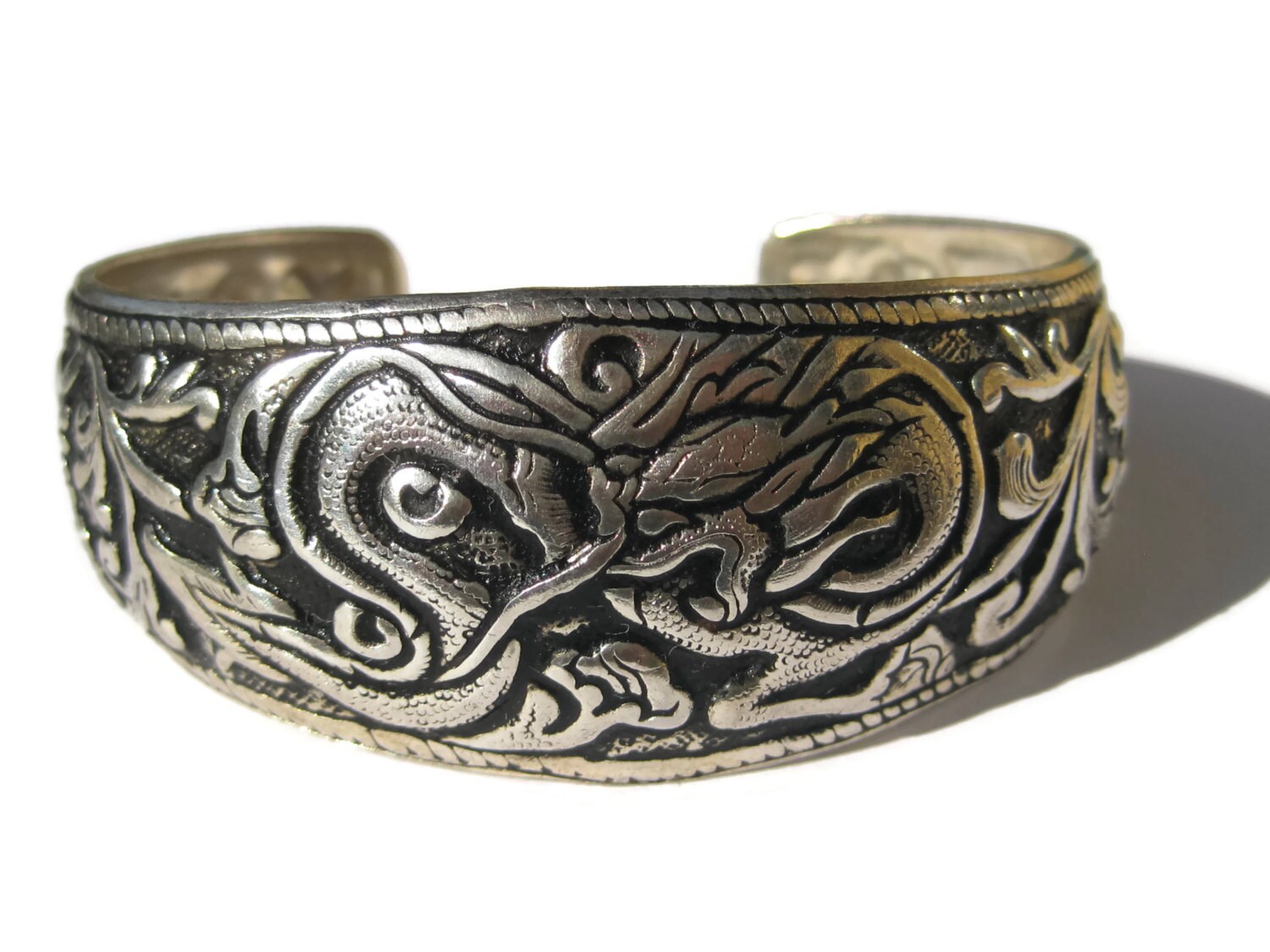 Vintage Silvertone Asian Dragon Cuff Bracelet by BejeweledEmporium
