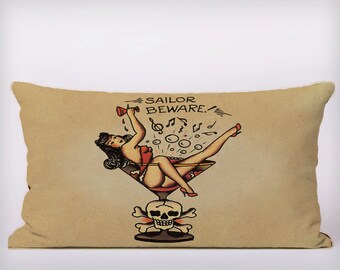 Pin Up Sailor Beware Sailor Jerry Tattoo - Customizeable Personlized -Cushion Fabric Panel Or Case or with Filling
