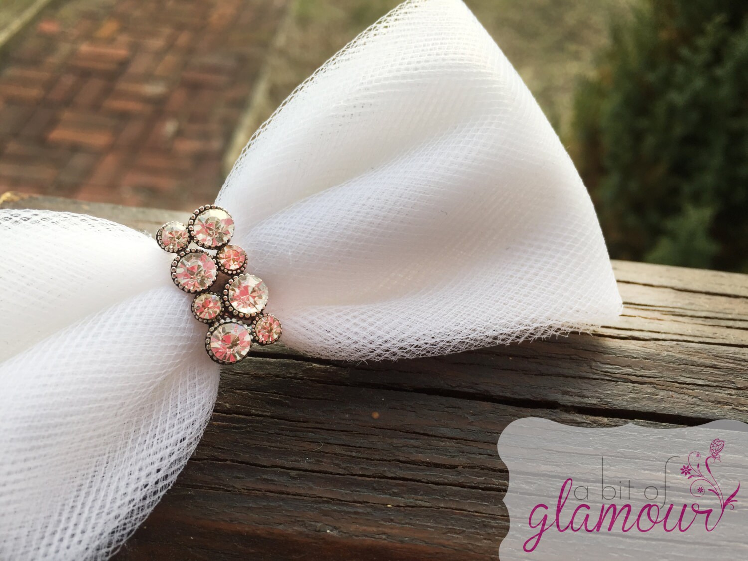 White Tulle Hair Bow with Rhinestone Accent / Available as