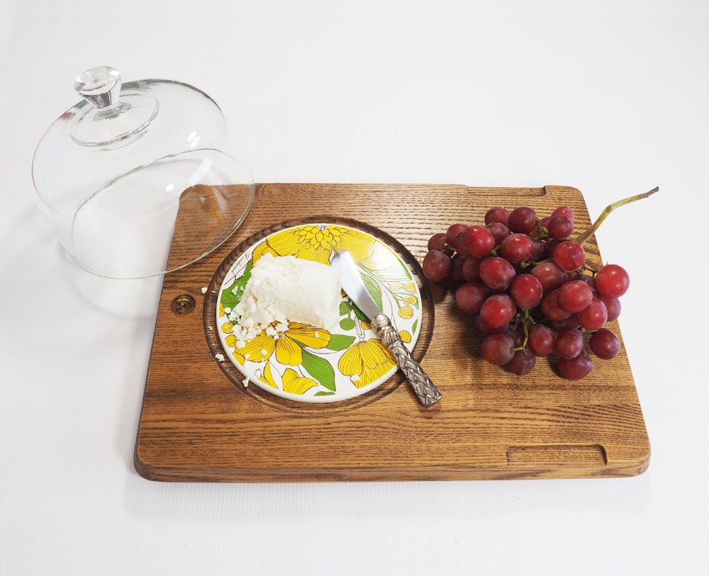 Vintage Goodwood Cheese Board with Glass Dome Cloche / Yellow and Green