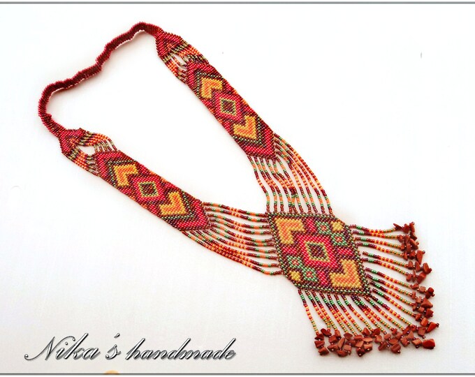 Ethnic beaded necklace "Carpathian Gerdan" with symbolic pattern made of Czech beads and natural stones, MADE TO ORDER