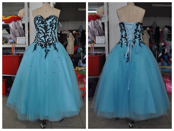 Long Ball Gown Black Lace Blue Prom Dress Sweetheart StraplessTulle ...