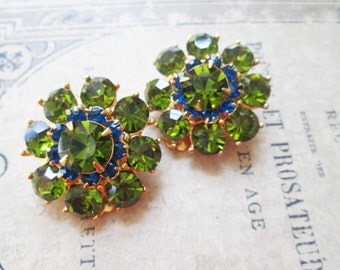 Olive Green Peridot Cobalt Sapphire Blue Rhinestone Earrings, Clip Ons