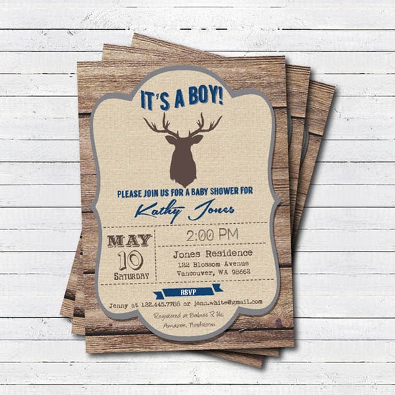 woodland baby boy shower invitation. rustic wood it's a