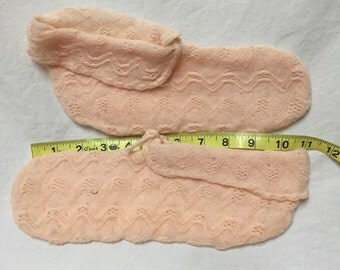 Peach-colored wool booties / women's slippers / house socks. Tagged "all wool." Vintage, 1930s?