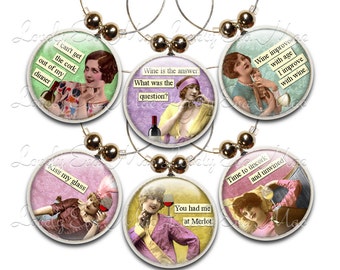 Retro Wine Glass Charms, Set of 6, Humorous, Wine Gifts, Funny Wine Charms, Sassy Women, Quotes, Wine Lover, Vintage Women, Wine Accessories