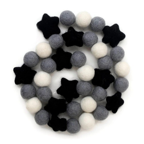 felt pom garland pom white Stars Monochrome Pom Black Garland Pom 3 metres with  Felt Ball