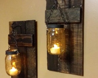 Rustic Wood Candle Holder, Rustic Decor, sconces, Mason Jar Decor,Lanterns, Mason Jar hanging candles, Candle Holders priced 1 each