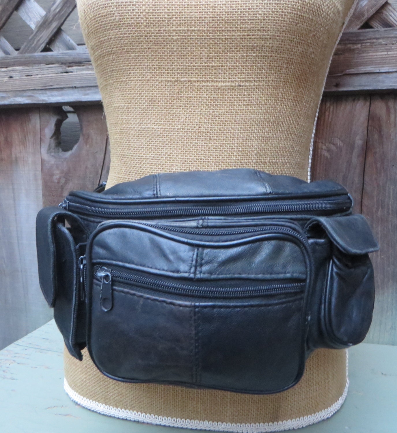 Vintage 1980s Black Leather Fanny Pack XL Extra Large Fits a