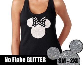 GLITTER Minnie Polka Dot Bow Tank // Disneyland Shirt // Disney Cinderella Castle Disney Clothing // Mickey Mouse (69-NL-33) White Glitter