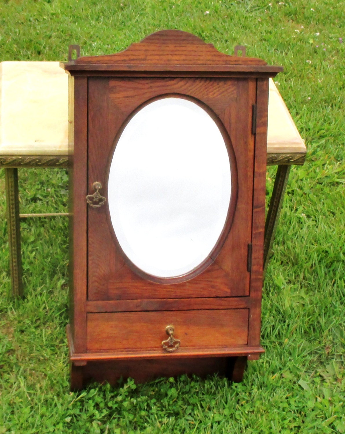 Antique Wood medicine bathroom Wall Cabinet Oval Beveled