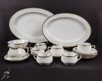 Vintage Dinnerware Set Bone China Gold Trim Paul Muller Selb Bavaria The Baronial Pattern 6 Cups & Saucers, Footed Bowl, Creamer, 2 Platters