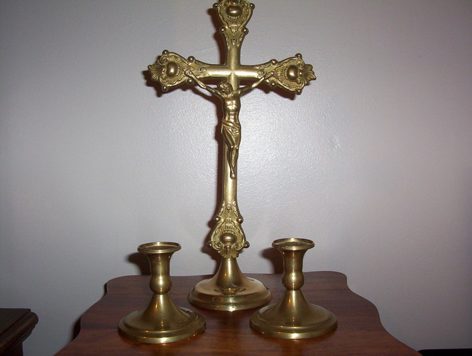 Vintage Brass Crucifix and Candle Holders by