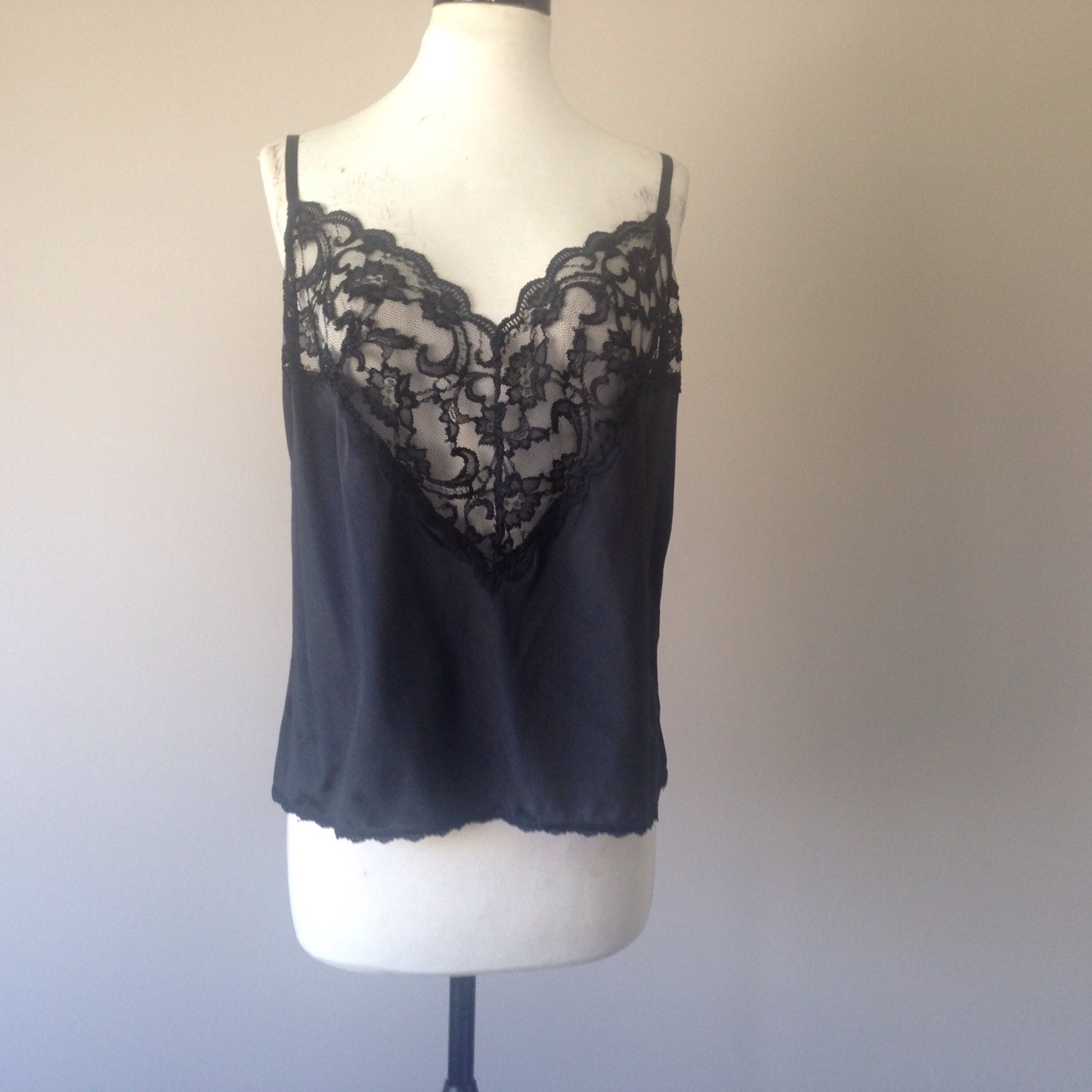42 / plus size nylon camisole lingerie top / black nylon w/