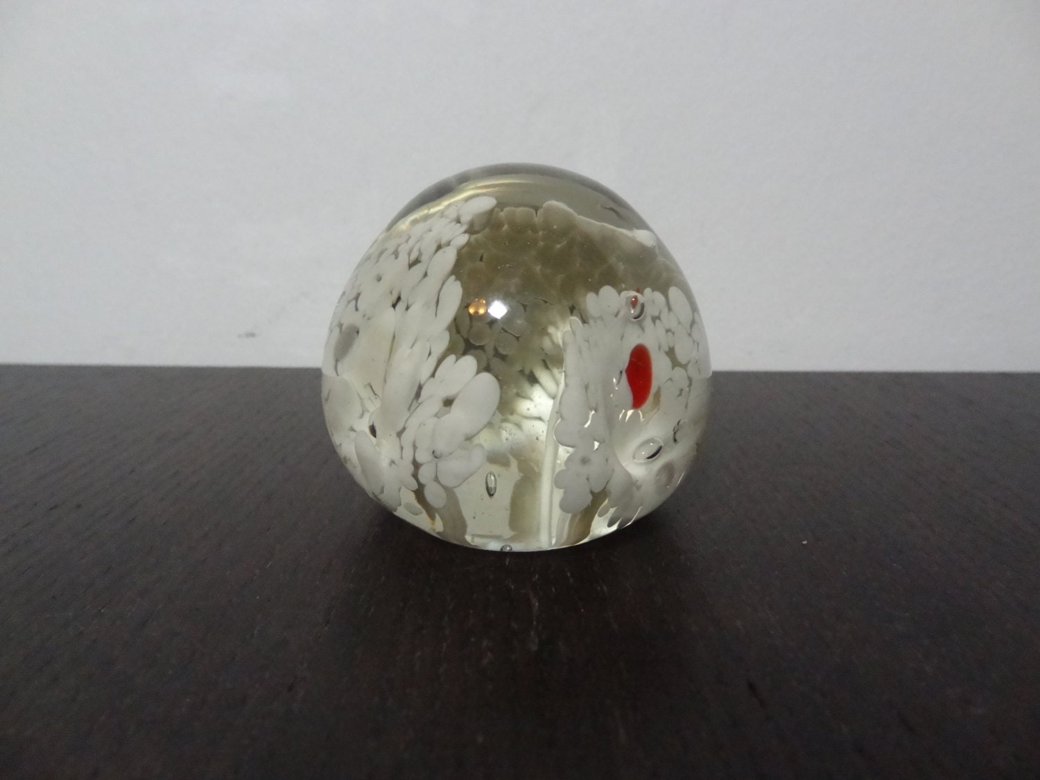 Vintage Small Clear Glass Paperweight with White Art Flower