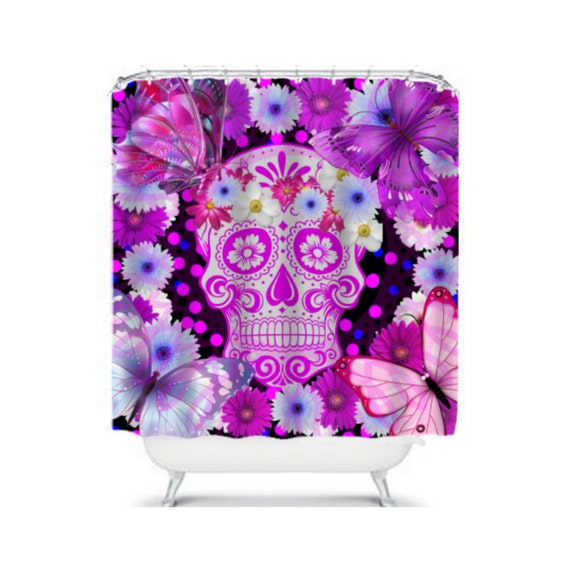 Shower Curtain Sugar Skull Butterflies Flowers by FolkandFunky