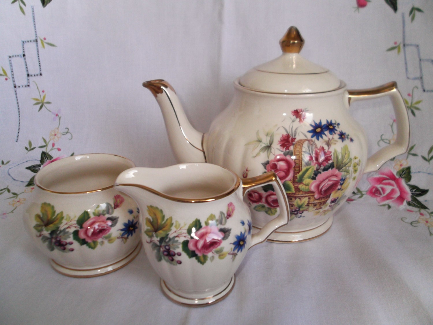 Vintage SADLER Teapot Tea Set With Floral Basket By MusesVintage