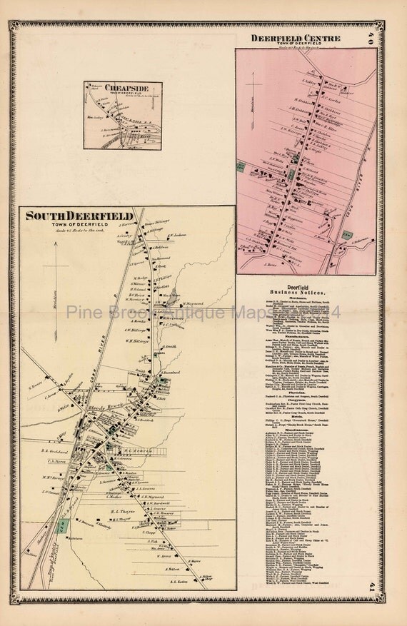 Antique Map Deerfield Centre Massachusetts by PineBrookAntiqueMaps
