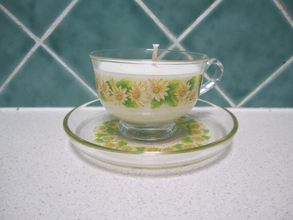 glass Flowers  and Soy cup Yellow Cup Glass saucer Vintage Candle vintage    Sandalwood  and Saucer
