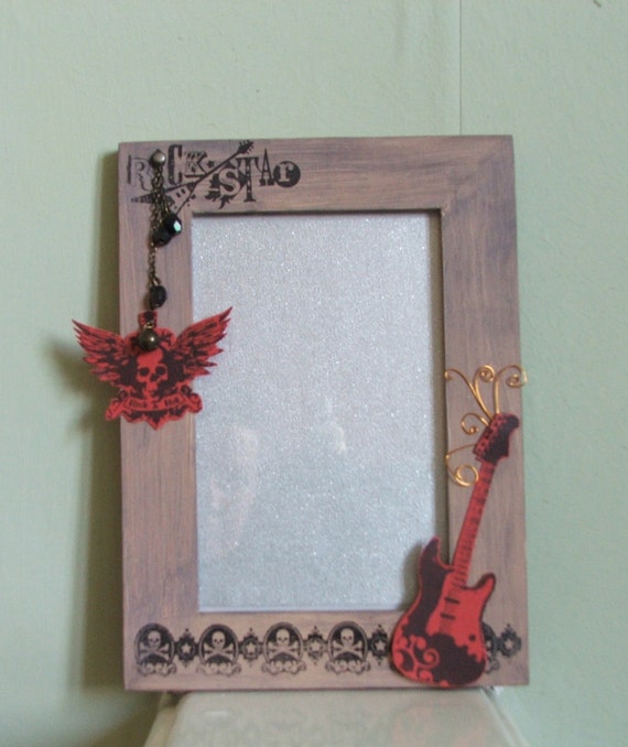 wood photo frame rock 'n' roll theme hand by LittleBCollectables