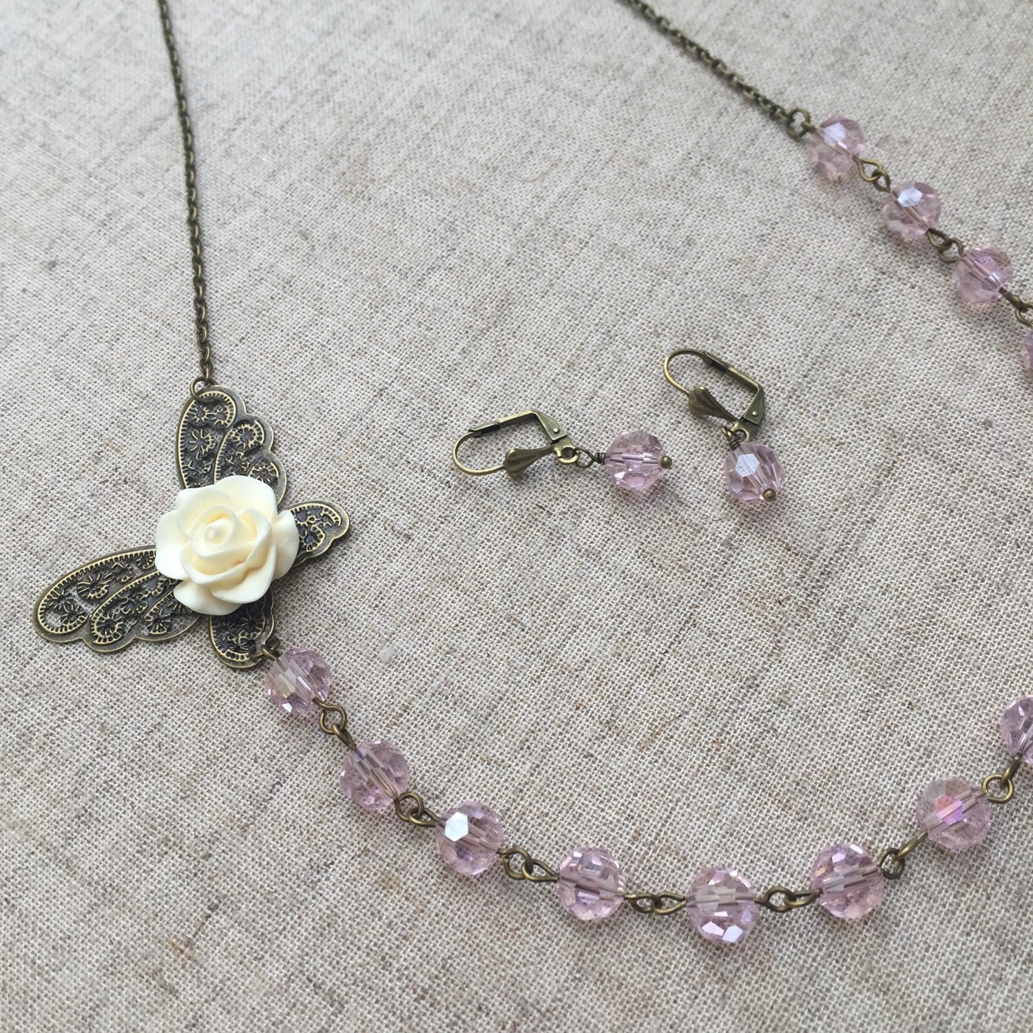 Pale pink glass bead earrings and necklace by MyPrettyBittyThings