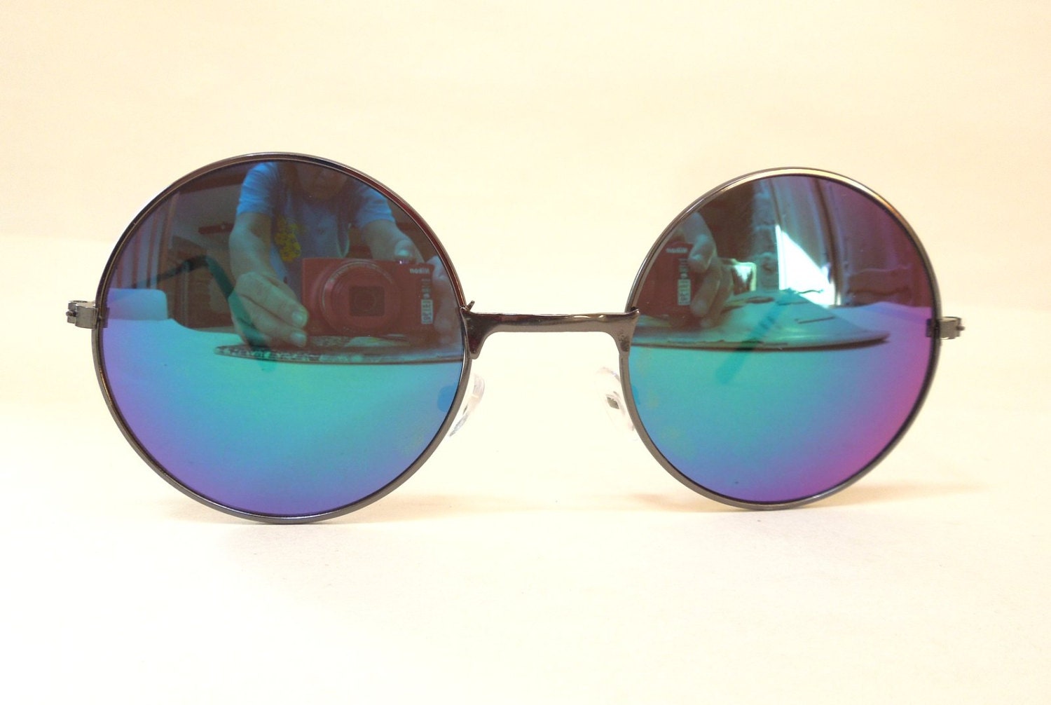 90s John Lennon Blue Oil Mirror Sunglasses Dark Frame Deadstock Party Look Alike Retro Rock 