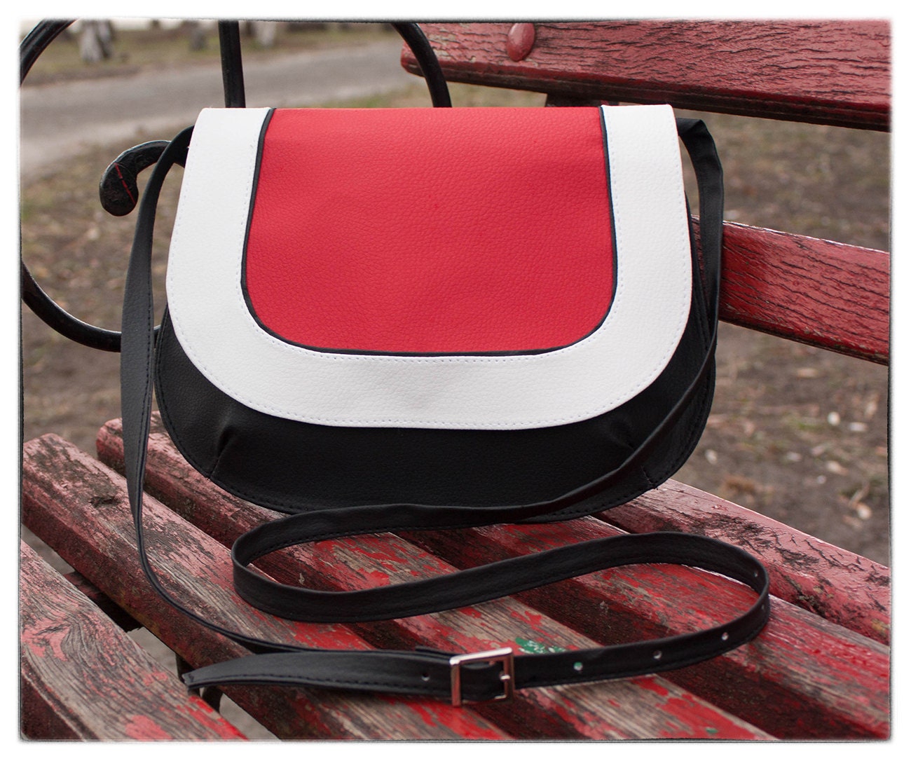 red and white crossbody bag