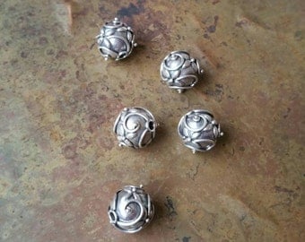 5 Intricate hand made antique silver Bali beads 10mm. 925 sterling silver #1900