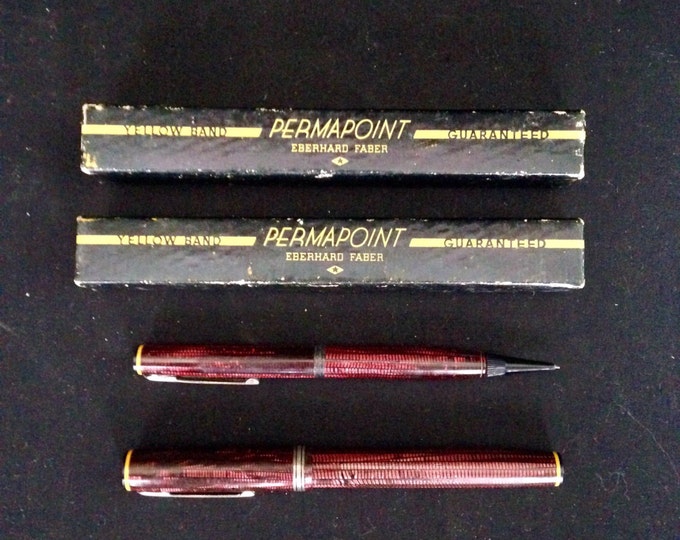 Storewide 25% Off SALE Antique Red Mahogany Eberhard Faber's Permapoint Fountain Pen & Matching Yellow Banded Mechanical Pencil Featuring Or