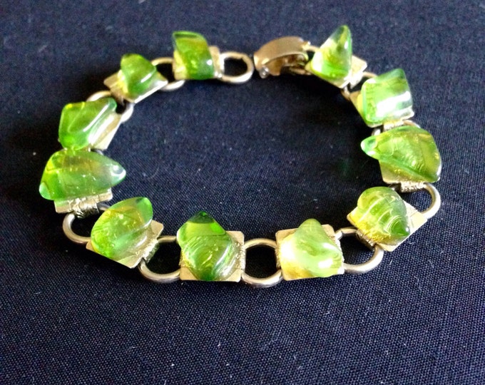 Storewide 25% Off SALE Vintage Silver Tone Rough Cut Emerald Inspired Designer Bracelet Featuring Eclectic Style Polished Segments