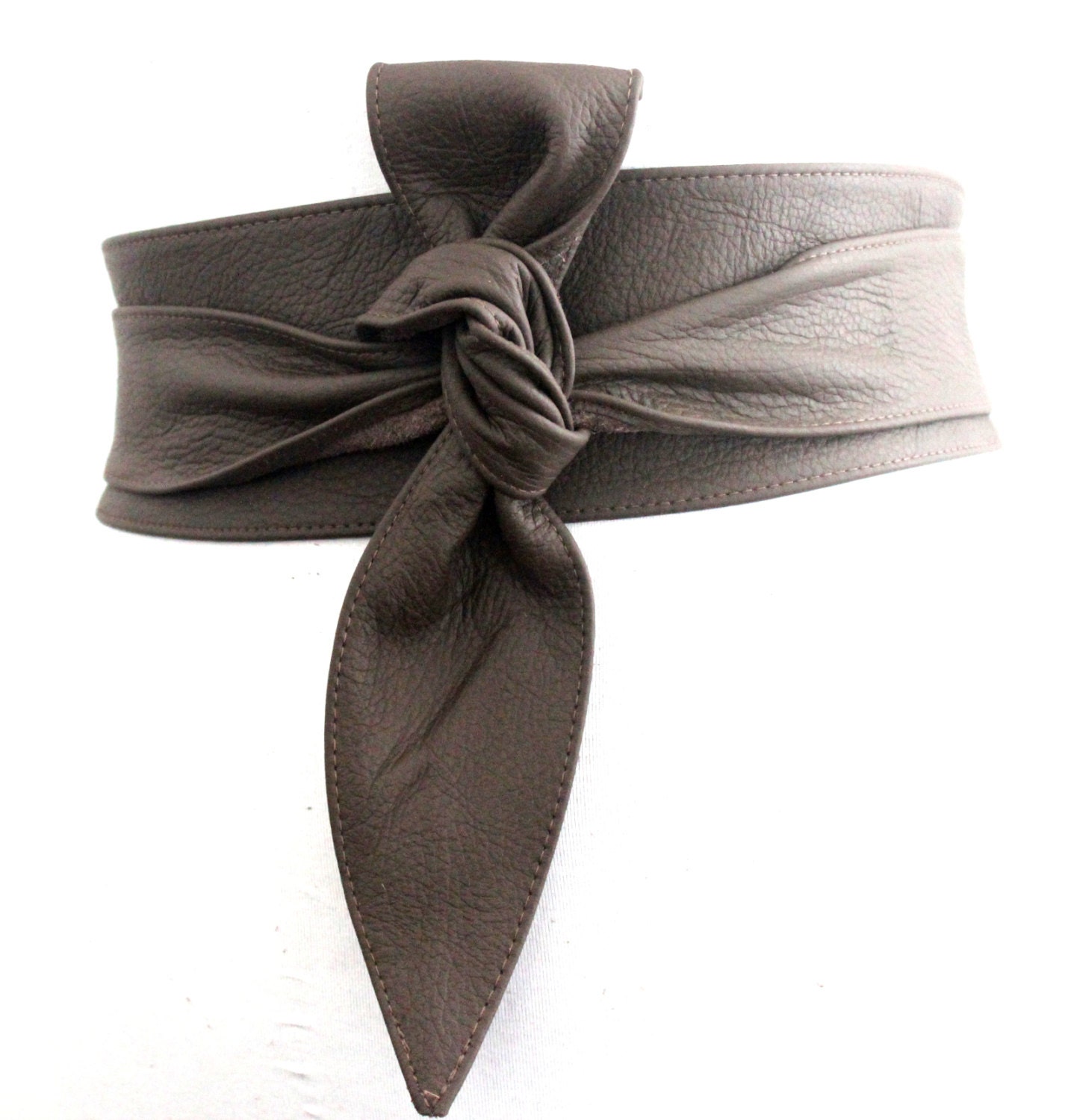 Dark Taupe Brown Leather Tulip Tie Obi Belt Leather tie belt