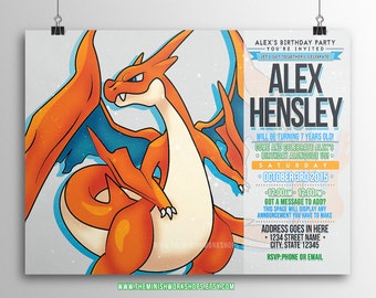 Pokemon Birthday Invitation, Charizard Birthday Invitation, Printable Invitation, Instant Download, Charizard Mega Pokemon X Y, Custom Made.