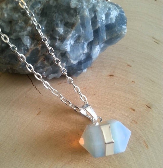 Hexagonal Crystal Necklace// Opalite Pendant/ by OakMoonJewels