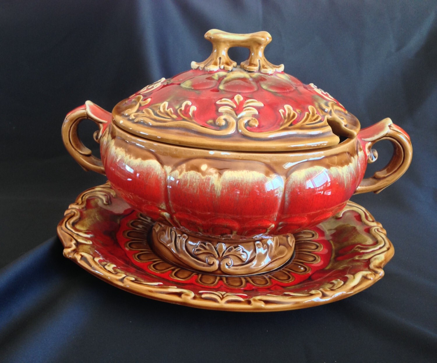 Vintage Red and Brown Majolica Soup Tureen with Underplate