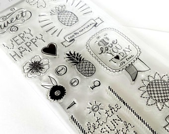 Set of 18 cute Hema clear stamps "very happy", including acrylic block