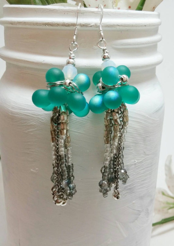 Turquoise earring Teal fringe earring Unique fringe earring