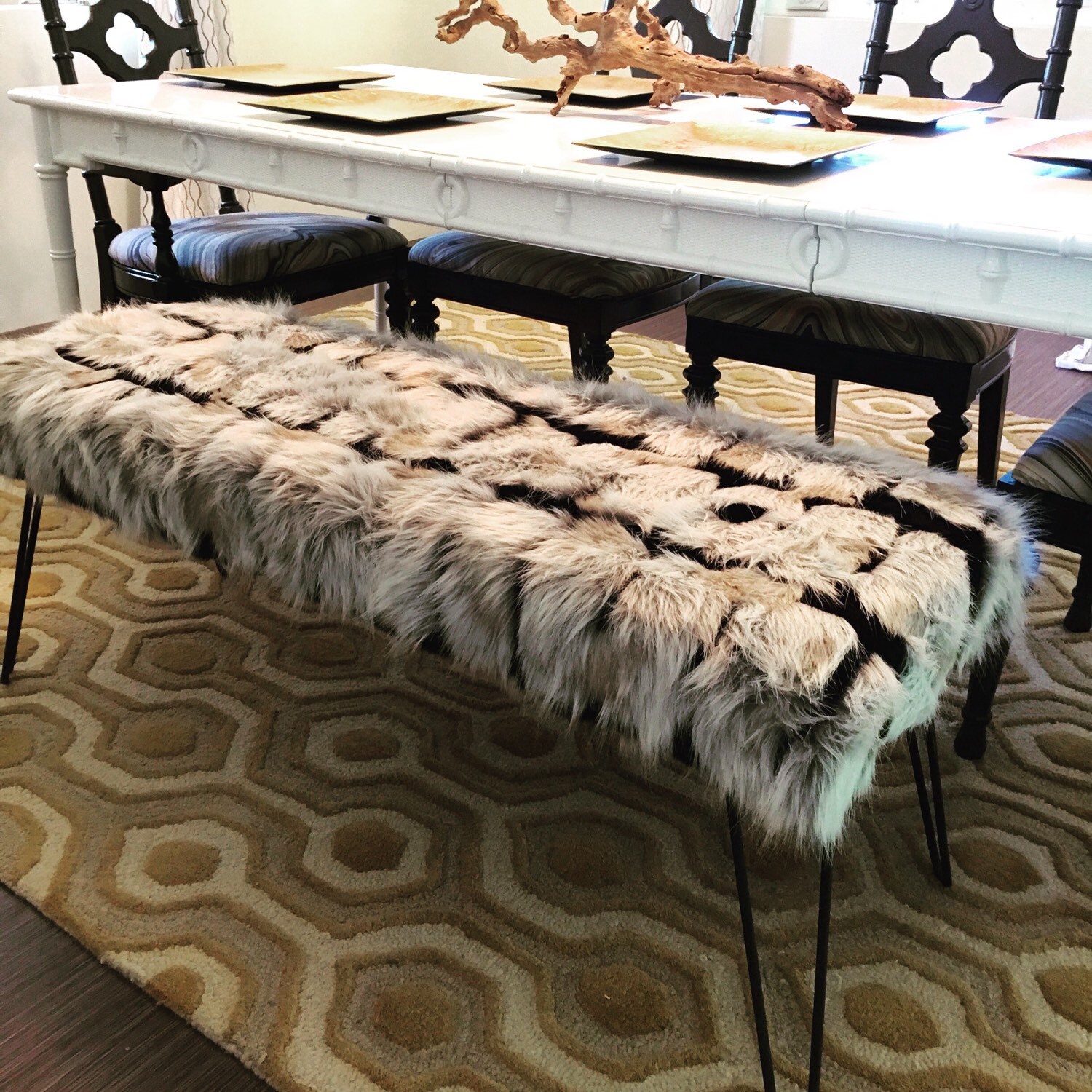 Custom Faux Fur Bench with Hairpin Legs
